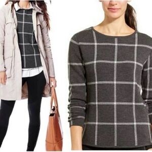 Athleta Dakota 100% Merino extra fine Wool Windowpane Sweate Charcoal Knit Top M